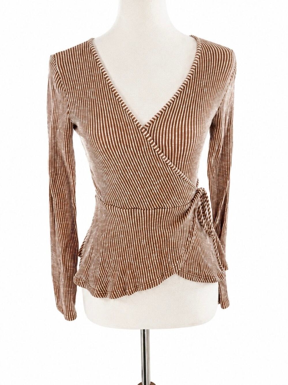 Caution to the Wind Brown Striped Wrap Long Sleeve Tie Waist Peplum Top Small
